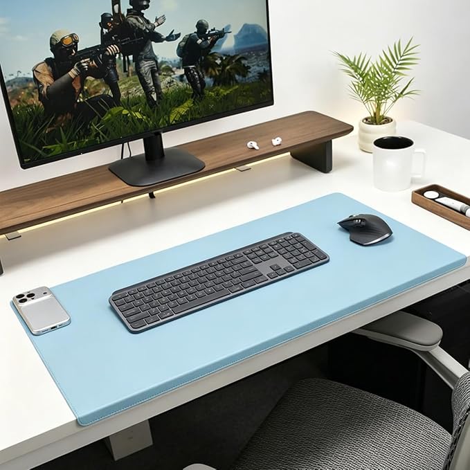 Edge-Locked Leather Desk Pad, Desk Blotter with Full Grip Fixation Lip, Waterproof Large Office Table Mat, Non-Slip Laptop Mouse Pads for Work Typing Writing (Sky Blue,27.6"x13.8")