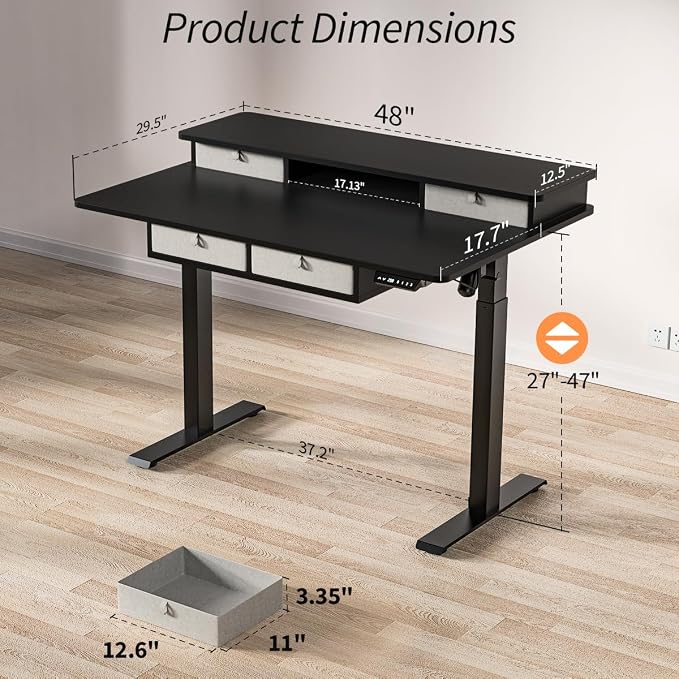Kingant Electric Standing Desk with 4 Drawers,USB Charging Ports 48"x 30" | Ergonomic Height Adjustable Large Workstation, Heavy-Duty Sit Stand Up Desk For Home Office Daily Work,Black