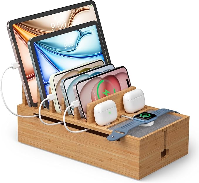 Pezin & Hulin Bamboo Charging Stand Rack, No Power Adapter Supply -Natural | Wooden Charge Box for Mobile Phones, Tablets, Smart Watch and Earbuds, Wire Cable Organizer Box, Bedside Dock Stand Holder