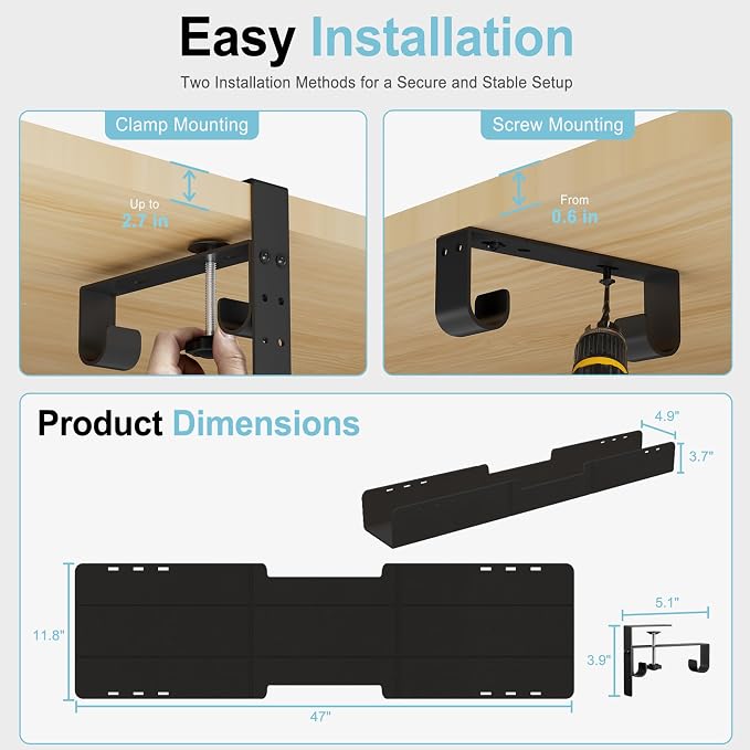 No-Drill Under Standing Desk Cable Management,47.2" L,Black | Upgraded 0.25" Heavy-Duty Felt Cable Organizer,Desk Wire Management Tray with Clamp or Screw Mount,for Home or Office