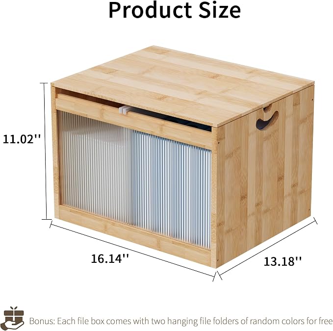 Bamboo Hanging File Organizer, Desk File Box with Lids, 1 Pack, Natural | Removable Lid, Clear Acrylic Side Panels, 2 Hanging Folders Included, Helps Reduce Dust, Letter & Legal Size, Easy Assembly