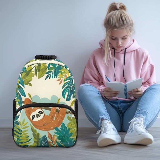 ZFRXIGN Tropical Sloth Teen Girls Backpack for School with Pendant 4pc Backpack Set for Teen Boys Bookbag and Insulated Lunch Box Pencil Case Back to School Stuff