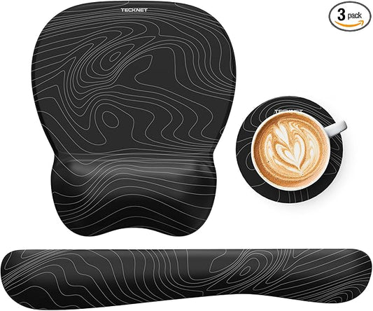 TECKNET Gel Ergonomic Mouse Pad & Keyboard Wrist Rest & Coaster | 3 in 1 Set, Pain Relief, Milk Silk Cloth, Non-Slip PU Base, Easy Typing, Memory Foam Wrist Support for Office & Home