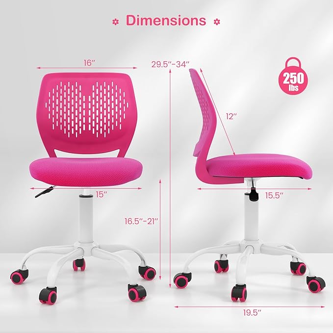 Giantex Kids Desk Chair, Adjustable Children Study Chair, Swivel Armless Mesh Task Office Chair, Computer Desk Chair with Adjustable Height & Lumbar Support, Rose