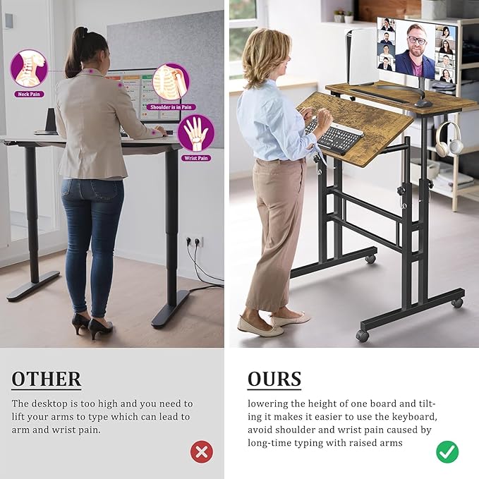 Simple Deluxe Split Top Rotating Standing Desk on Wheels – 23.6" Manual Adjustable Height Mobile Laptop Computer Table – Sit Stand Rolling Workstation with Tilt Function – Brown