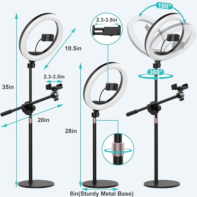 Overhead Phone Camera Mount with Ring Light for Video Recording, Cooking Filming. Content Creator Kit with 10.5" RGB Ringlight, Desk Stand and 2 Phone Holder, Remote, Overhead Tripod for iPhone