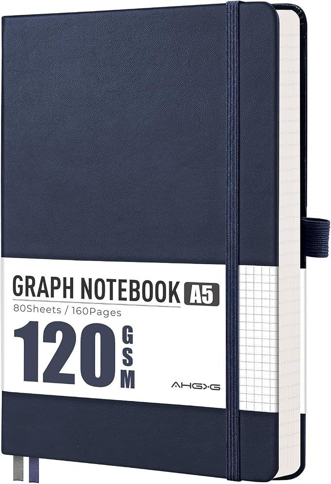 AHGXG Graph Grid Paper Notebook, 160 Pages, A5 Medium Size (5.7'' x 8.3''), 120 GSM Thick Paper, Leather Hardcover, for School, Students, Math, Engineering (Blue)