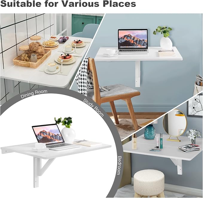 COSTWAY Wall Mounted Folding Table, 31.5" x 23.5" Drop-Leaf Floating Writing Desk for Small Spaces, Space-Saving Fold Down Laptop Workstation for Kitchen, Bedroom, Laundry Room, Study Room (White)