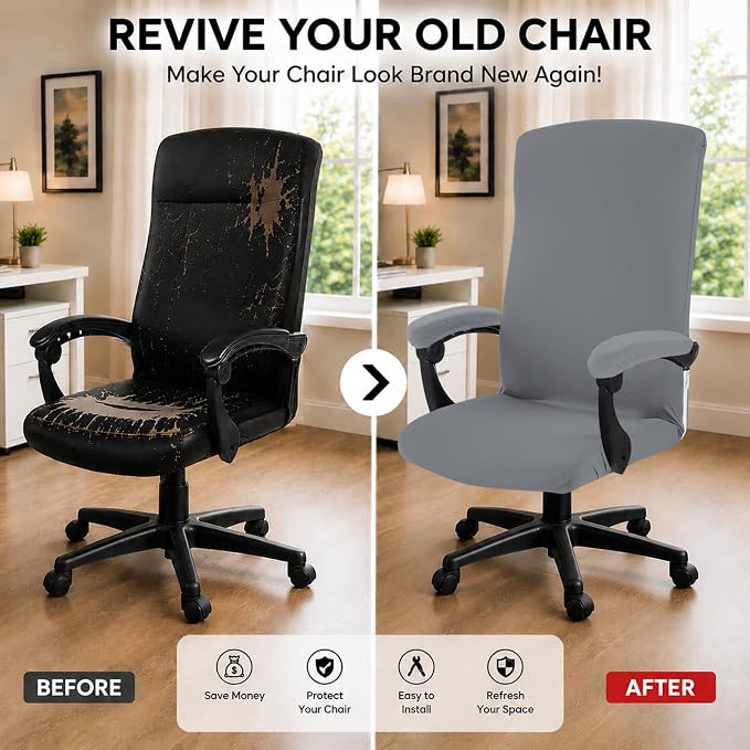 DIVA EN CAMINO DEC Stretch Computer Office Chair Cover with Armrest Covers Durable Zipper Universal Washable Removable Spandex Rotating Boss Chair Slipcovers Anti-dust Chair Seat Protector, Mid Gray