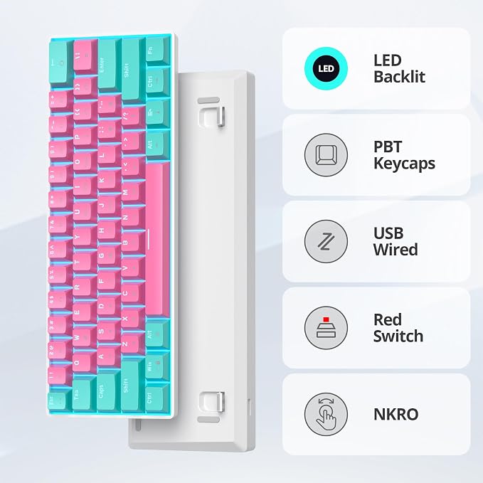 60 Percent Gaming Keyboard Mechanical with Linear Red Switch, 60% Wired Ultra-Compact Mini Keyboard LED with PBT Keycaps for Ps4/Ps5/Xbox（61 Miami）
