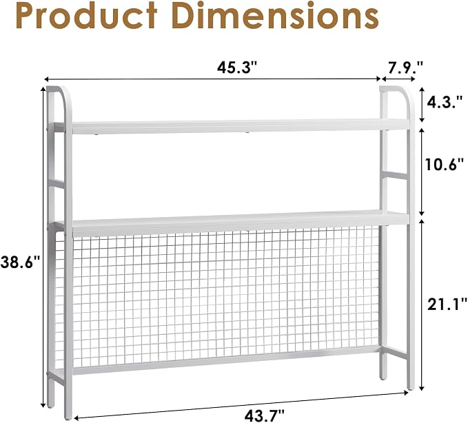 Desk Shelf, 45.3” Desktop Organizer Shelf with Grid Panel and Hooks, Desk Hutch for Computer Monitor, 2 Tier Desk Display Rack Wood Desktop Bookshelf Storage for Home Office Dorm