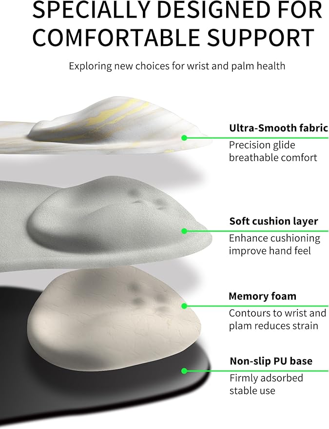 Palm-Rest and Wrist-Hugging Mouse Pad Wrist Rest, Ergonomic Wrist Support with Curve Fitting Cushioned Memory Foam for Carpal Tunnel Pain Relief, 9.9 x 8.3 Inch, Platinum Marble