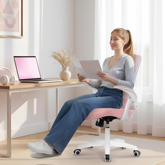 NEO CHAIR Office Desk Gaming Chair Computer High Back Mesh Seat with Rolling Wheels Ergonomic Adjustable Comfy Flip-up Armrests Lumbar Support Height for Home (Pink)