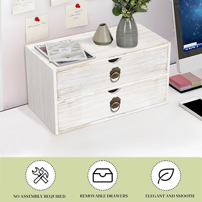Wood Desk Organizer, White Wooden Desktop Organizer with Drawer, Tabletop Storage Organization Box for Countertop, Home Office Supplies, Bills (2 Drawer)