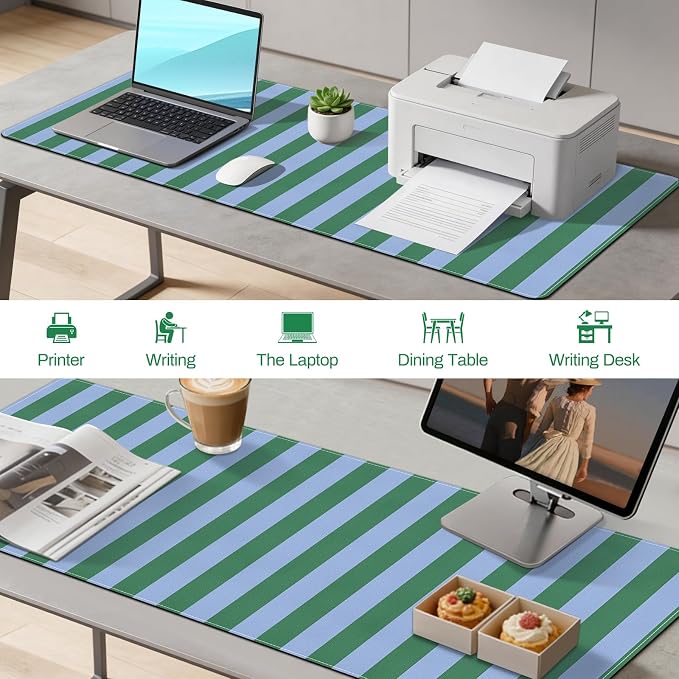 PU Leather Desk Mat,Large Desk Cover Desk Blotter Protector Computer Gaming Mouse Pad Striped Mat Table Laptop Office Desktop Accessories, Green Blue Writing Pad