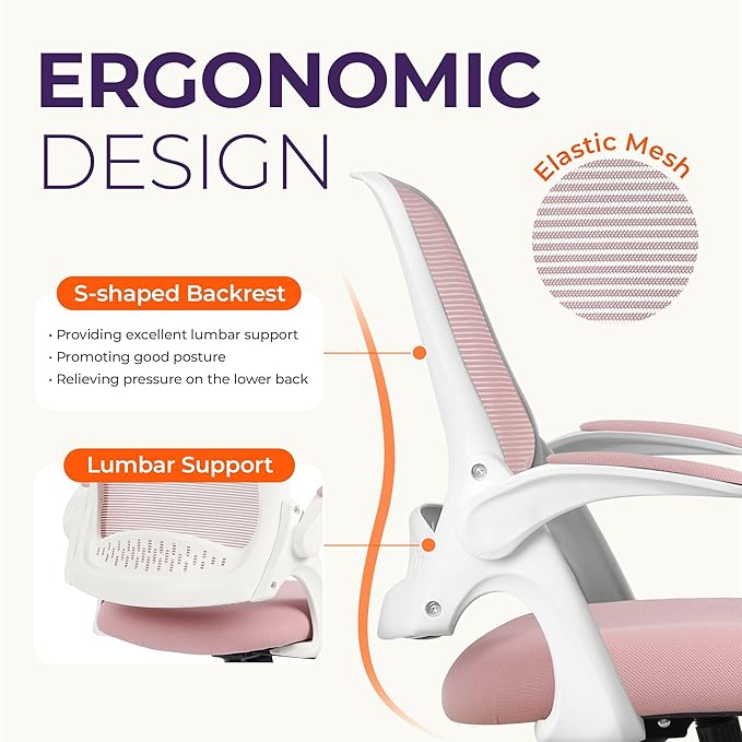 NEO CHAIR Office Desk Gaming Ergonomic Computer Chair with Lumbar Back Support Adjustable Height Swivel Rolling Wheels Flip-up Arms Mesh Chair for Home Vanity (Pink)