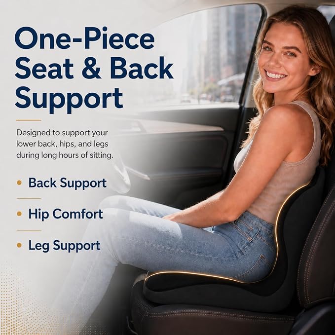 Car Seat Cushion with Lumbar Support, One-Piece L-Shaped Memory Foam | Ergonomic design with coccyx cutout, hip-to-thigh support and anti-slip base for long drives, office chairs and wheelchairs.