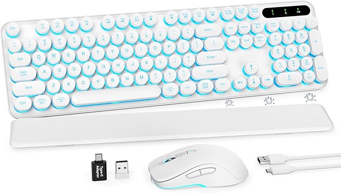 Wireless Keyboard and Mouse Combo, Backlit Round Keycaps, Retro Typewriter Keyboard with Detachable Wrist Rest, Rechargeable & Tilt Legs, 2.4GHz Cordless Connection for Windows/PC (Glowing White)