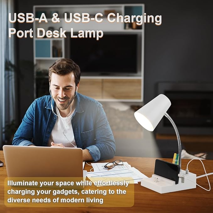 Study Desk Lamp with USB Charging and Type-C Night Light, Gooseneck LED Table Lamp Stepless Dimming Study Table Lamp with Pen Holder for College Dorm Bedroom and Office (White)