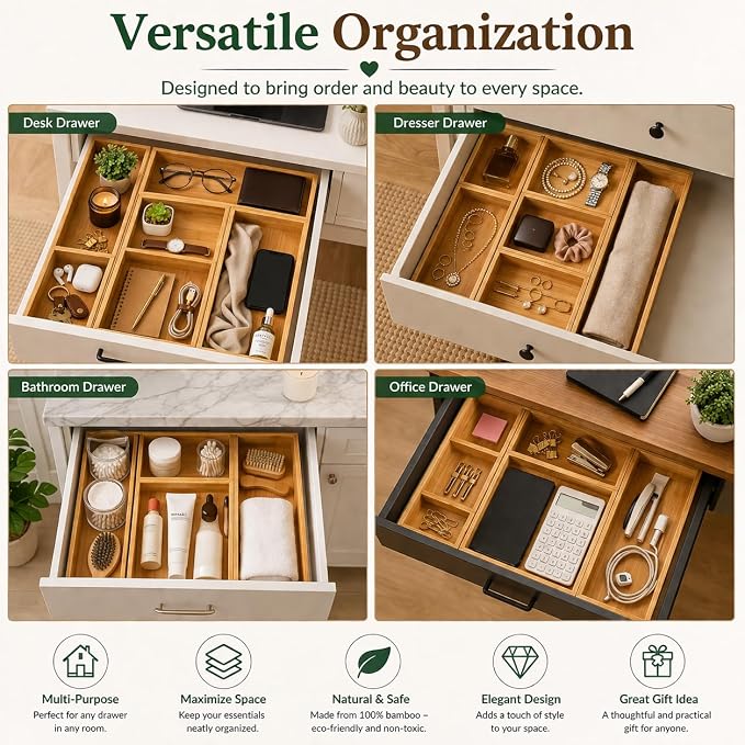 ABABIL Bamboo Drawer Organizer Set of 5, Wooden Storage Tray Inserts for Kitchen, Bathroom, Office, Makeup, Jewelry, Utensils, Desk Accessories and Vanity Drawers, Brown
