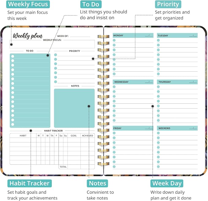 Taja Undated Weekly Planner, Weekly To Do List Notebook with Goal & Habit Tracker Organizer, A5 Weekly Planner Notebook with Spiral Binding, 6.1" x 8.2" - Midnight Bloom