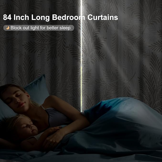 Blackout Curtains for Bedroom Living Room, Grommet Thermal Insulated Room Darkening Bedroom Curtains, Pine Needles Print Drapes 84 Inch Long 2 Panels Set Light Filtering Reduce Noise Protect Privacy