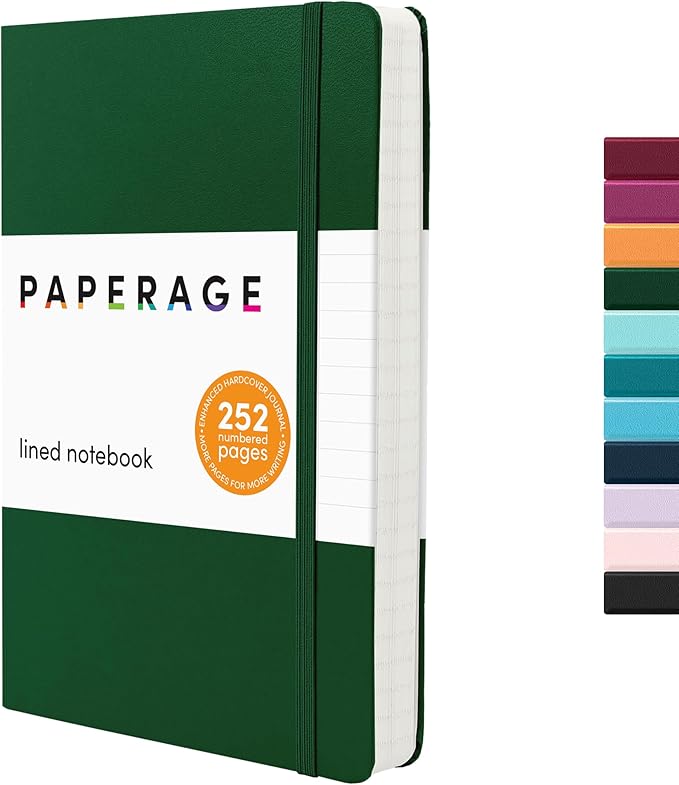 PAPERAGE Lined Journal Notebook, Hardcover Journal for Women & Men, 252 Pages, (5.6 in x 8 in), College Ruled Journaling Notebook for Work, School Supplies & Note Taking, (Dark Green)