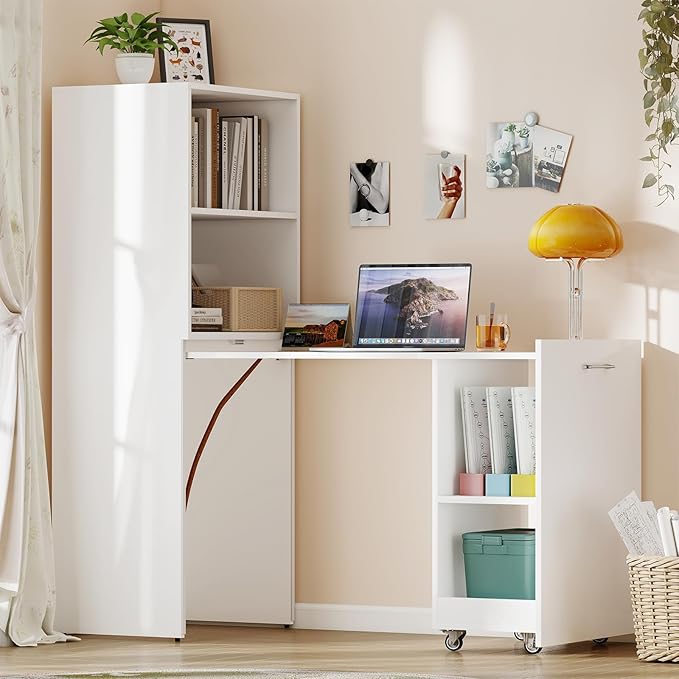 Zevemomo Folding Desk with Storage, Convertible Table with Shelves & Wheels, Craft Cabinet with Fold Out Table, Compact Computer Desk for Small Space, Reversible L Shaped Desk - White