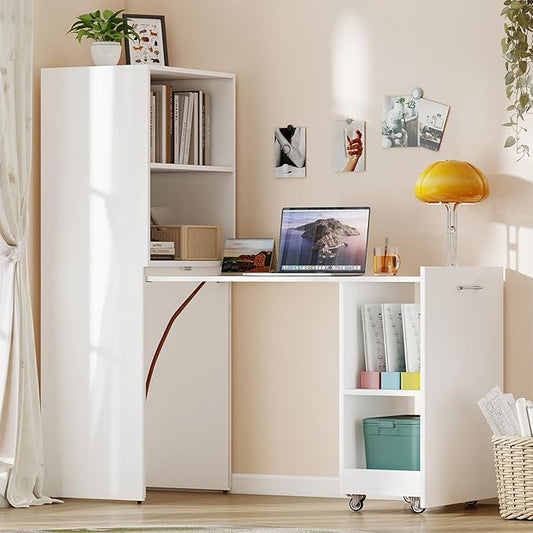 Zevemomo Folding Desk with Storage, Convertible Table with Shelves & Wheels, Craft Cabinet with Fold Out Table, Compact Computer Desk for Small Space, Reversible L Shaped Desk - White