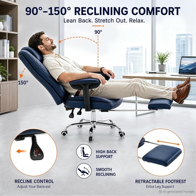 Big and Tall Office Chair，Heavy Duty Wide Executive Office Chair (Blue) | Breathable Leather，Double-layered Backrest，Seat Cushion Designed of Deluxe Embroidery Leather，Foot Rest, Adjustable Armrests