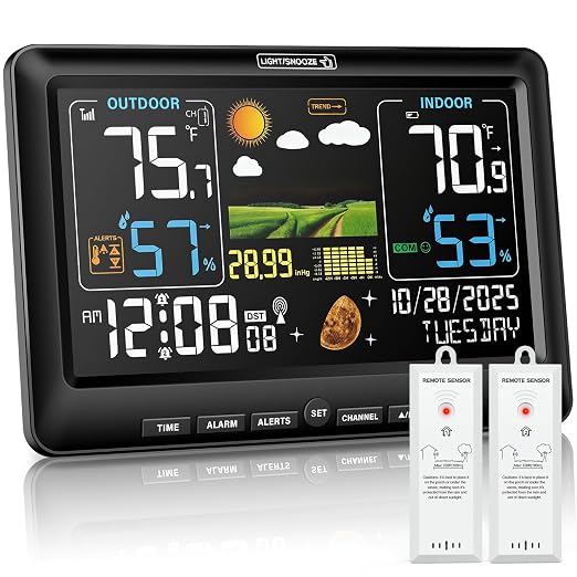 BluSon Weather Station Wireless Indoor Outdoor Thermometer with 2 Sensors | Color Display Digital Temperature Humidity Monitor with Atomic Clock, Weather Forecast, Adjustable Backlight, Barometer Black