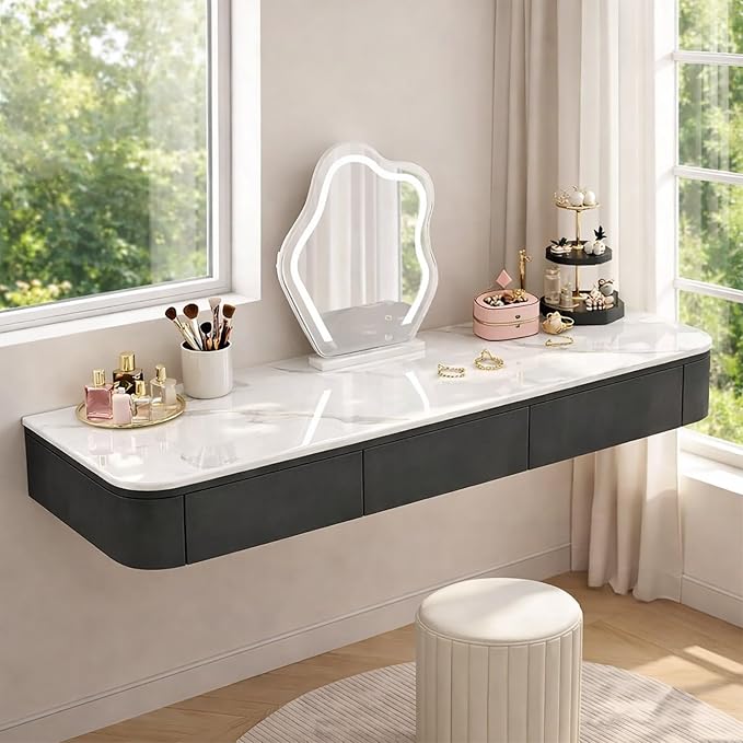 Floating Makeup Vanity Desk with Drawers Wall Mounted Makeup Table with Storage Fully Assembled Floating Vanity Desk Space Saving Modern Dressing Table for Bedroom Closet(Black Marble,63")
