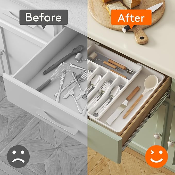 Lifewit Silverware Drawer Organizer, Expandable Utensil Tray for Kitchen, BPA Free Flatware and Cutlery Holder, Adjustable Plastic Storage for Spoons Forks Knives, 33 -57 x 42cm, White and Gray