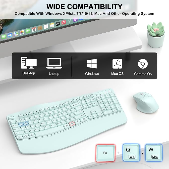 Wireless Keyboard and Mouse Combo, 2.4G Full Size Wave Keys Ergonomic Keyboard with Wrist Rest and 3-Level DPI Adjustable Wireless Ergonomic Mouse for Windows, Mac OS Desktop/Laptop/PC(Mint Green)