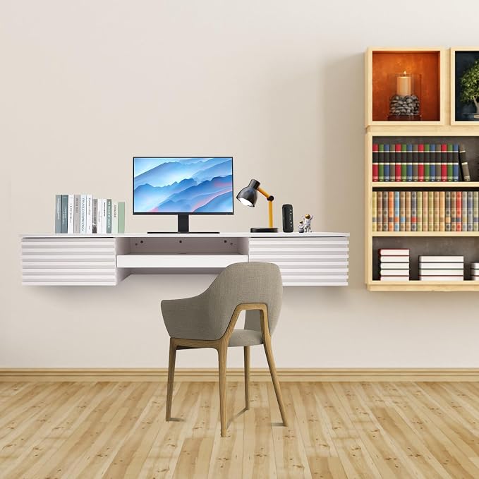 Wall Mounted Computer Desk with Drawer, Wall Mounted Desk Floating Computer Desk, 60 Inch Modern Hanging Desk Wall Organizer Table, Use for Work Platform, Organizer, and Space-Saving Desk (White)