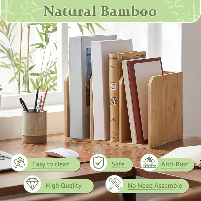 Novabright Bamboo File Magazine Holder Desk Organizer, 3 Vertical Compartments Workspace Sorters for Magazines, Binders, Notebooks, Envelopes