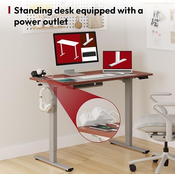 SANODESK Electric Standing Desk with Desk Clamp Power Strip 48"x 24" Whole-Piece Desktop Height Adjustable Stand Up Desk with Cable Management Sit Stand Home Office Desk Silver Frame/Mahogany Top