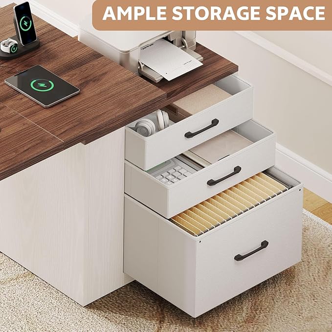 75.5'' Electric Standing Desk with Drawers, Farmhouse Height Adjustable Corner Desk, Sit Stand Office Desk with 4 AC Outlets & Type C Port, Executive Computer Desk, Brown & White