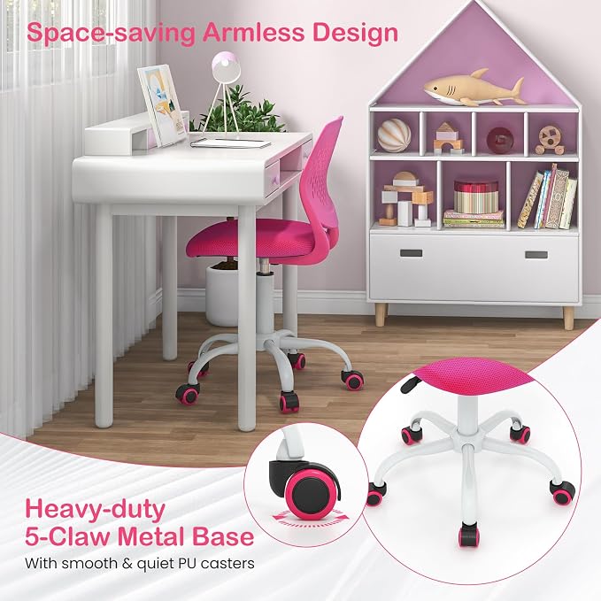 Giantex Kids Desk Chair, Adjustable Children Study Chair, Swivel Armless Mesh Task Office Chair, Computer Desk Chair with Adjustable Height & Lumbar Support, Rose