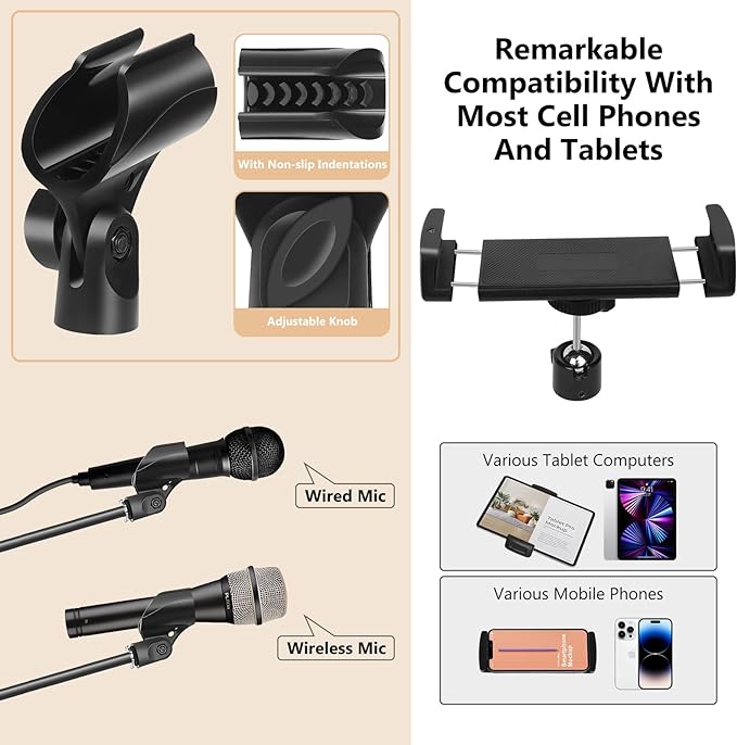 Ramzi Mic Stand,6 In 1 Microphone Stand Floor Boom Mic Stand, Support Boom Gooseneck Mic Clips Tablet Phone Holder Any Combination With Mic Stand Bag