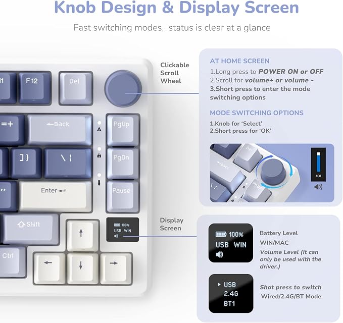 RK ROYAL KLUDGE M75 Mechanical Keyboard with OLED Smart Display and Volume Knob, 2.4G/USB-C/BT Gasket Mounted 75% Layout Wireless Gaming Keyboard with 81 Keys, RGB Backlit Hot-Swappable Brown Switch