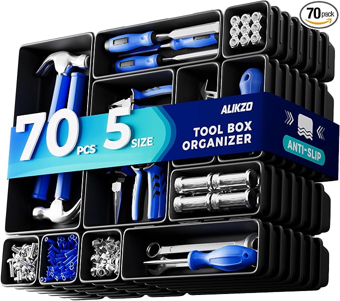 70 PCS Tool Box Organizer Tray & Desk Drawer Organizer Set, 5 Size Interlocking Bins for Garage Tool Storage, Mechanic Tool Chest, Rolling Cart, Workbench Drawers with EVA Non Slip Pads