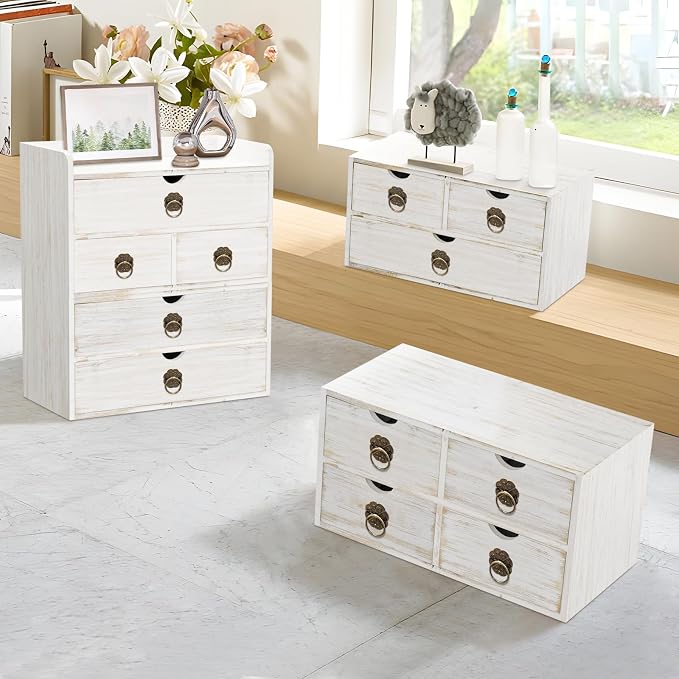 Wood Desk Organizer, White Wooden Desktop Organizer with Drawer, Tabletop Storage Organization Box for Countertop, Home Office Supplies, Bills (2 Drawer)