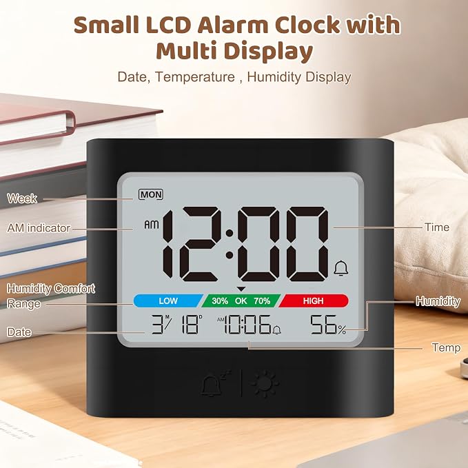 ALANAS Small Battery Operated Alarm Clock, Date Temperature Humidity Diaplay, Compact Travel Digital Clocks, Snooze, Backlight, Wall Mountable, for Student Dorm, Small Spaces, Desk, Shelf