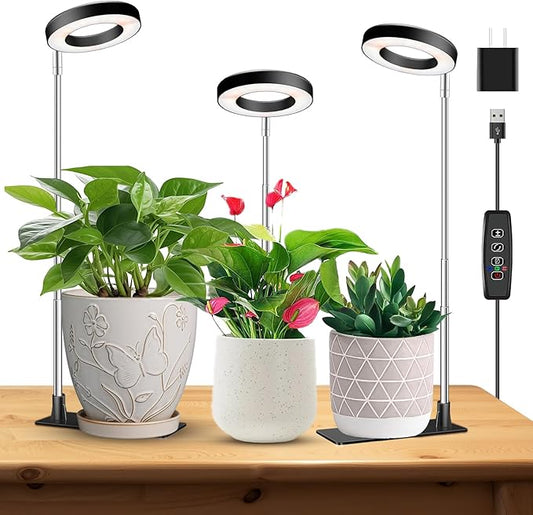 Kullinss Plant Light, 48 LEDs Full Spectrum Plant Lights for Indoor Growing, Halo Plant Light with 3/9/12H Timer, 3 Color Modes, 10 Brightness, Height Adjustable Grow Lamp for Small Plants (3 Pack)