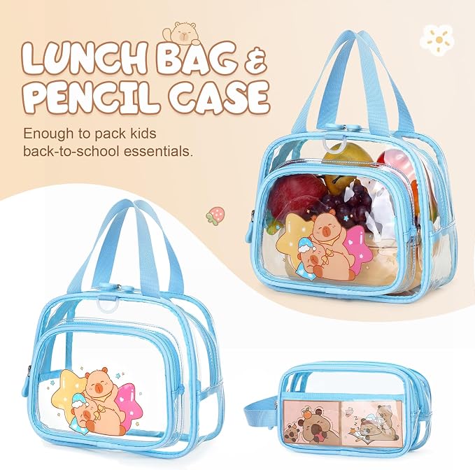 Capybara Theme Clear Backpack, 28Pcs School Supplies Stationery Transparent Backpack Set with Lunch Box Pencil Case Pens Notebooks for Kids Girls Elementary Middle School Stadium Approved