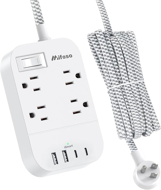 15FT Extension Cord, Flat Plug Power Strip with USB C, 4 Outlets with 4 USB Ports, Wall Mount, Overload Protection, Desk Charging Station for Office, School, Dorm Room Essentials, ETL Listed