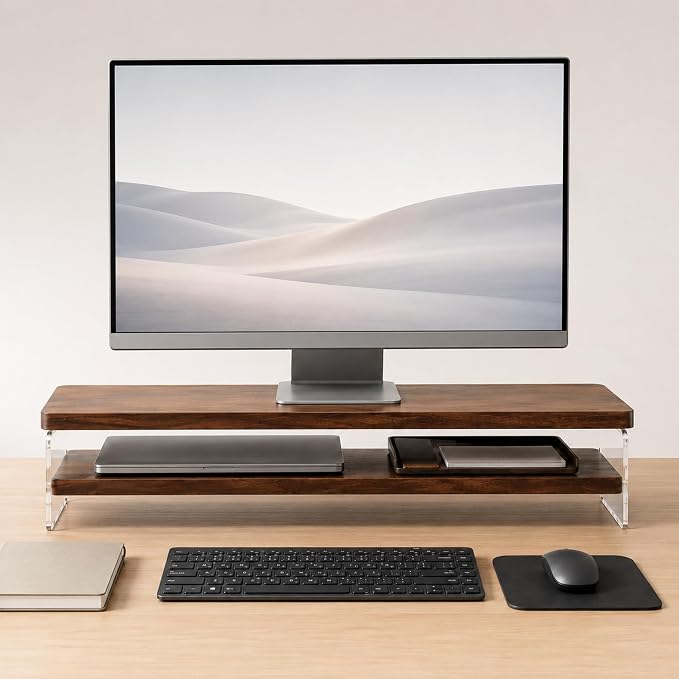 2 Tier Monitor Stand Riser, Keyboard Storage, Dark Walnut-Style | 2-tier monitor riser with shelf, dark walnut-style, clear acrylic sides, keyboard storage
