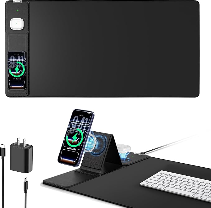 Mouse Pad with Magnetic Wireless Charging & Adjustable Phone Stand, 31.5"x15.8" Extended Desk Mat, Waterproof Ultra-Smooth Keyboard Pad, Non-Slip Base, with 20W PD Adapter, Black