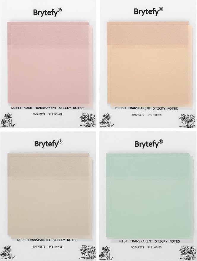BRYTEFY Pastel Transparent Sticky Notes, Set of 4 Pads 3''x3” Clear Sticky Tabs, Translucent Page Flags Book Markers Stickers, Planner Accessories, Bible Journaling Study Office School Supplies